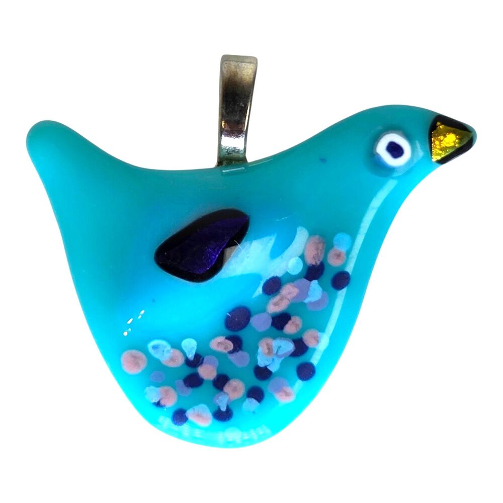 Handcrafted Fused Glass Blue Bird Pendant with Sterling Silver Bail